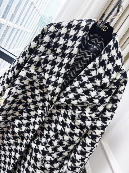 Chanel 19K black & white Houndstooth Long Coat