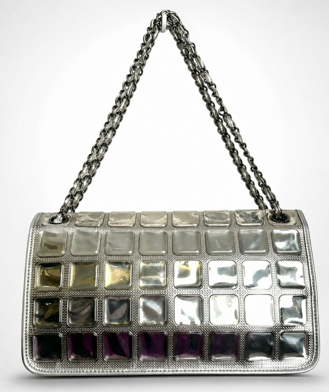 ICONIC Chanel 08C Medium Ice Cube Metallic Silver PVC Calfskin Classic Single Flap Bag