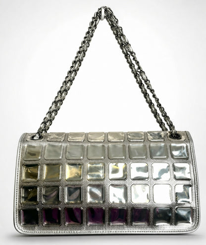 ICONIC Chanel 08C Medium Ice Cube Metallic Silver PVC Calfskin Classic Single Flap Bag