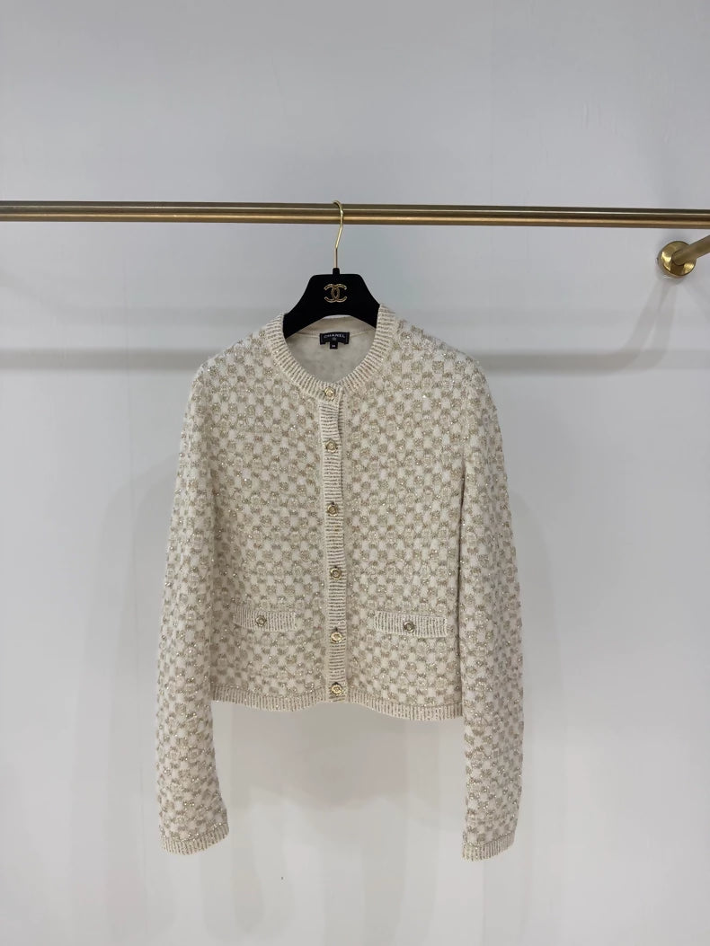 Chanel 23B Champagne Gold Sequined Cardigan
