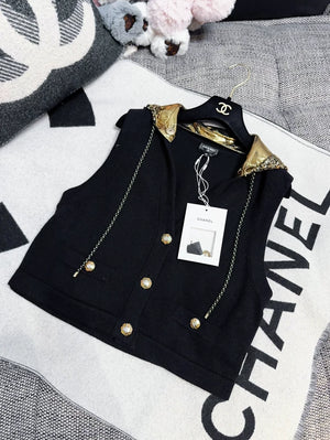 Chanel 24C Black & Gold Sequin Hooded Cashmere Vest Jacket