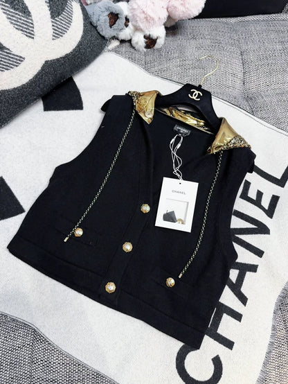 Chanel 24C Black & Gold Sequin Hooded Cashmere Vest Jacket