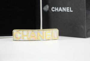 Chanel Vintage 97P Iridescent Sliver Resin Golden-Tone Letter Motif Hair Clip