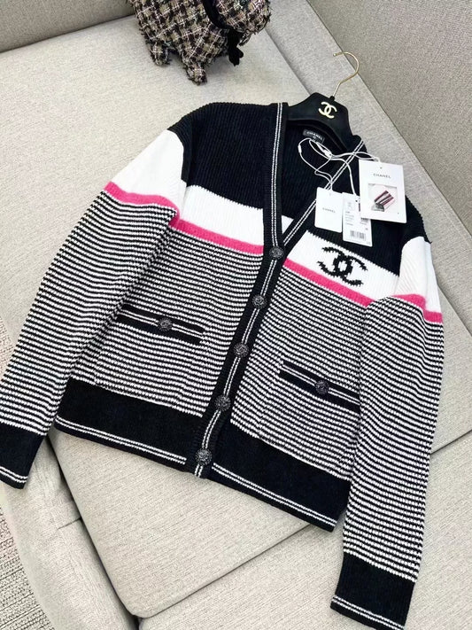 Chanel 22B black and white striped double C knit cardigan