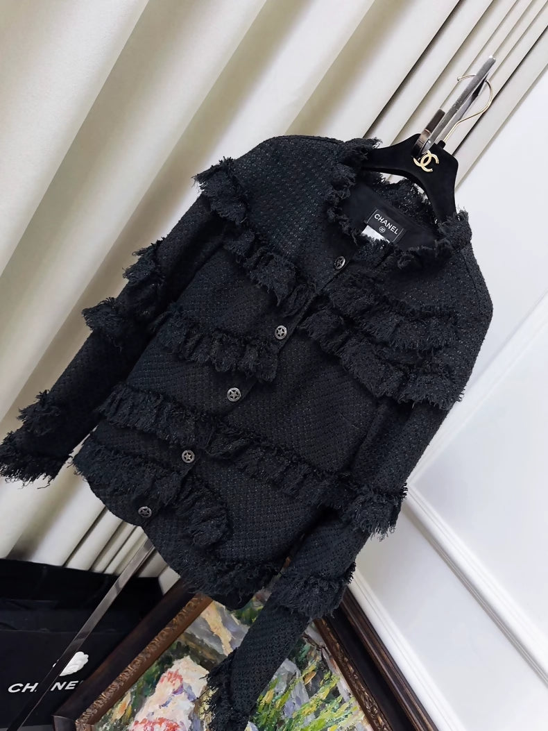 Chanel 14A Dallas Black Tweed Fringed Jacket