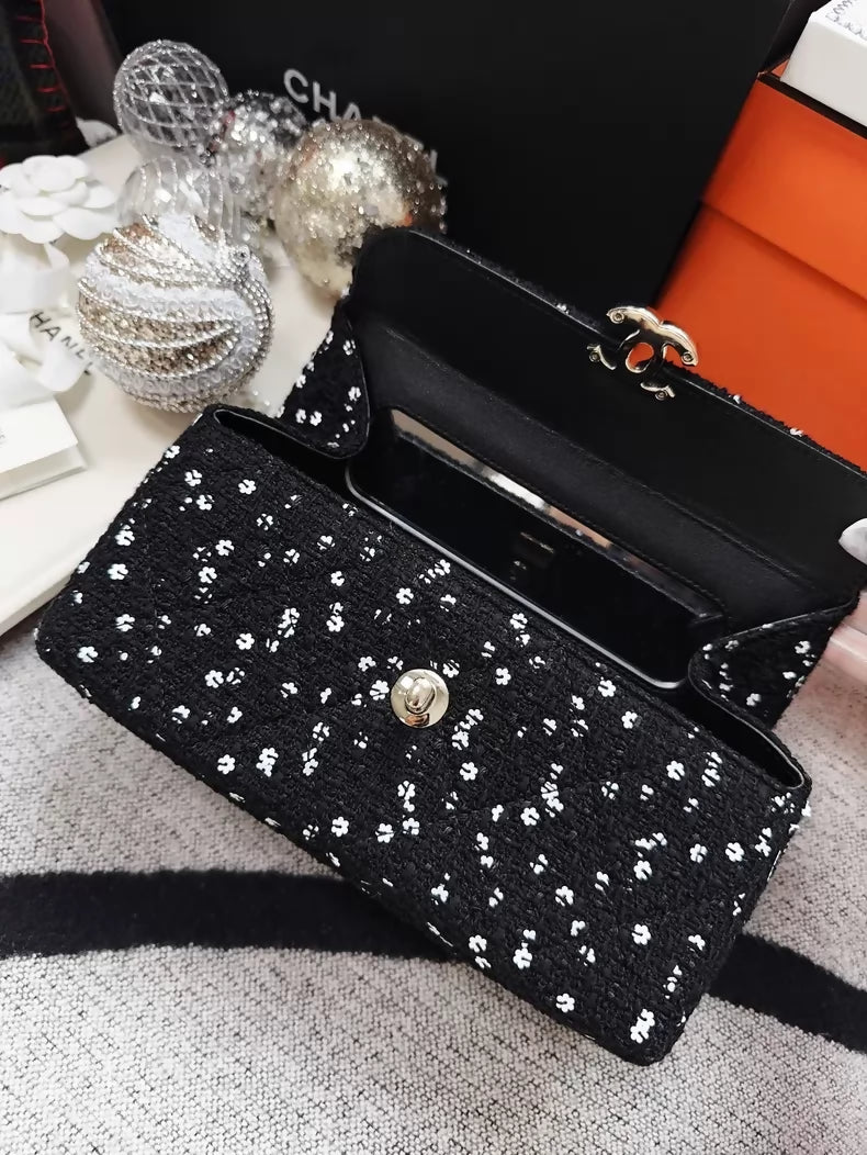 Chanel 23K black tweed camellia sequined long box ba