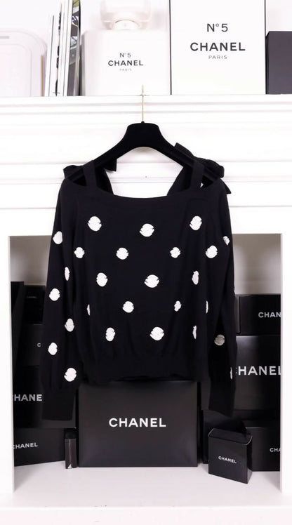 Chanel 23K Black and White Bows & Camellia Sweater