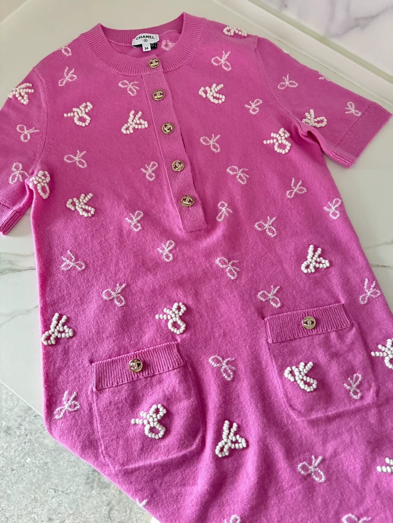 Chanel 24P Pink Bow Knit Dress