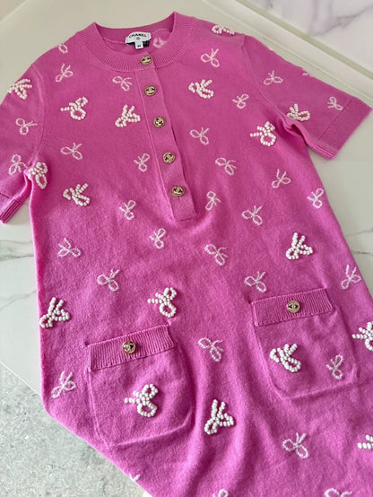 Chanel 24P Pink Bow Knit Dress