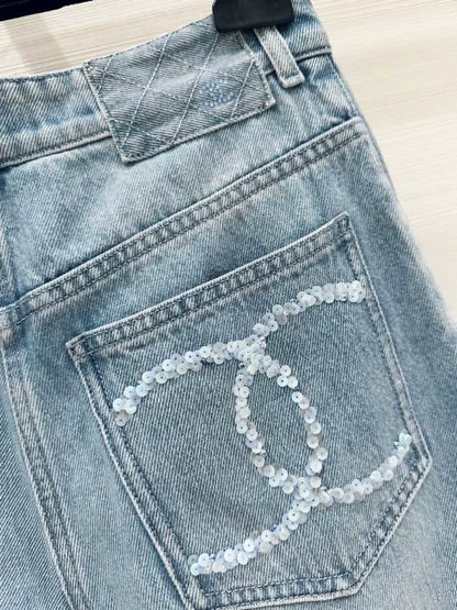 Chanel 25s blue sequined double C pocket jeans