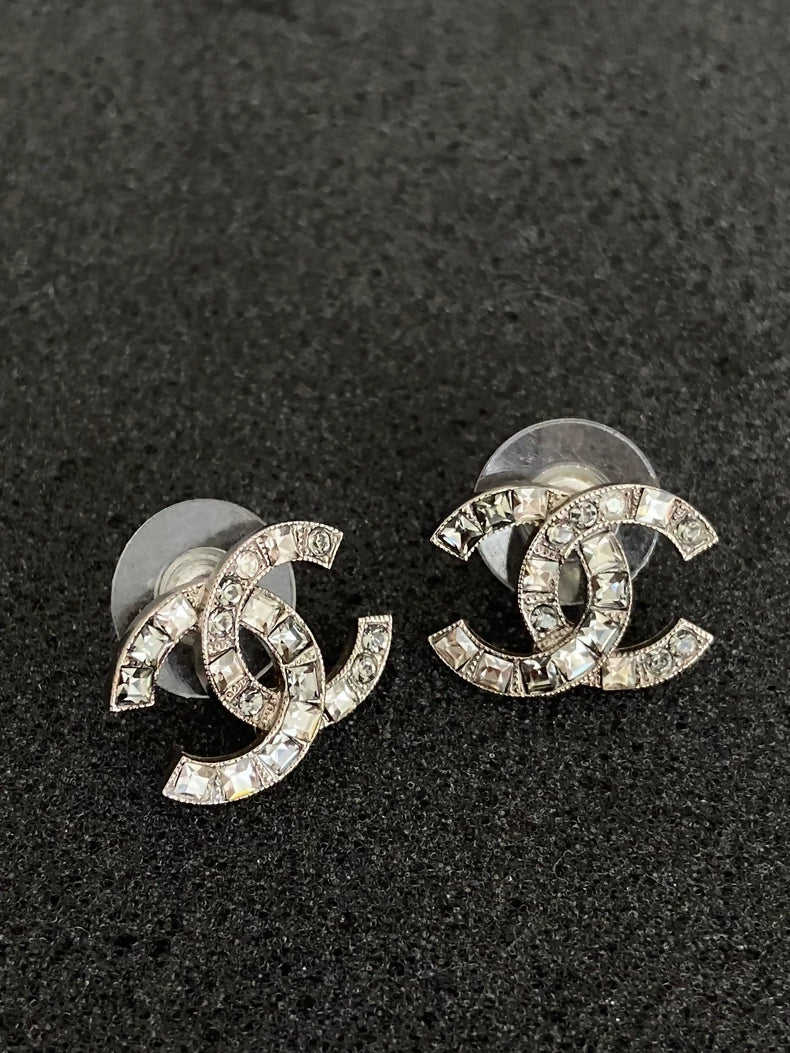 Chanel grey and white full diamond double C logo stud earrings