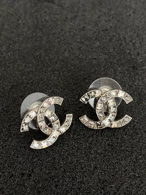 Chanel grey and white full diamond double C logo stud earrings