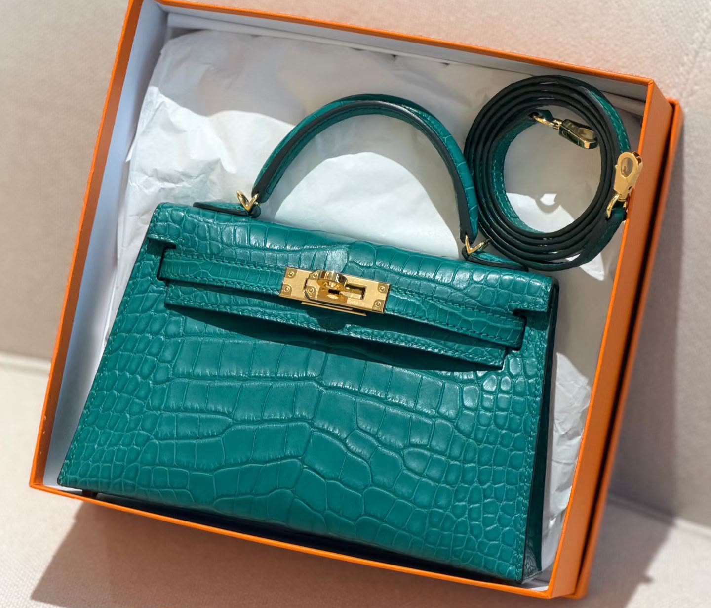 Hermes mini kelly 20 malachite matte alligator gold hardware
