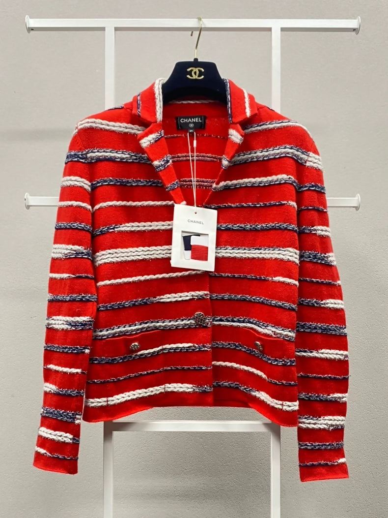 Chanel 20S red and white striped cashmere cardigan