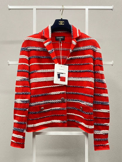 Chanel 20S red and white striped cashmere cardigan