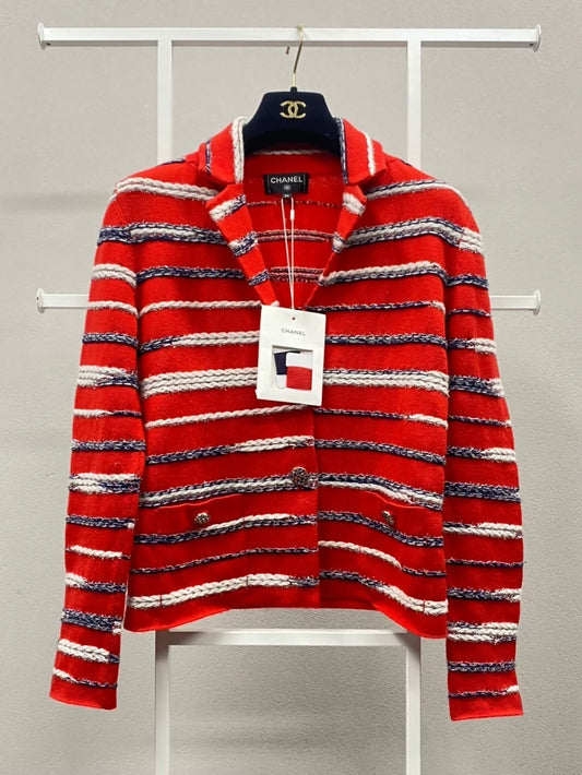 Chanel 20S red and white striped cashmere cardigan