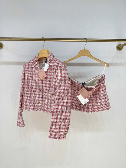 Miumiu 2024 Pink and White Checkered Jacket with Gold Buttons