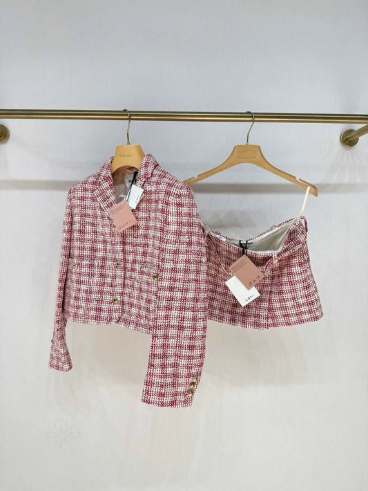 Miumiu 2024 Pink and White Checkered Jacket with Gold Buttons