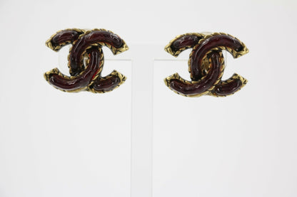 Chanel Vintage 00A Gripoix Resin Maroon Metal CC Earrings