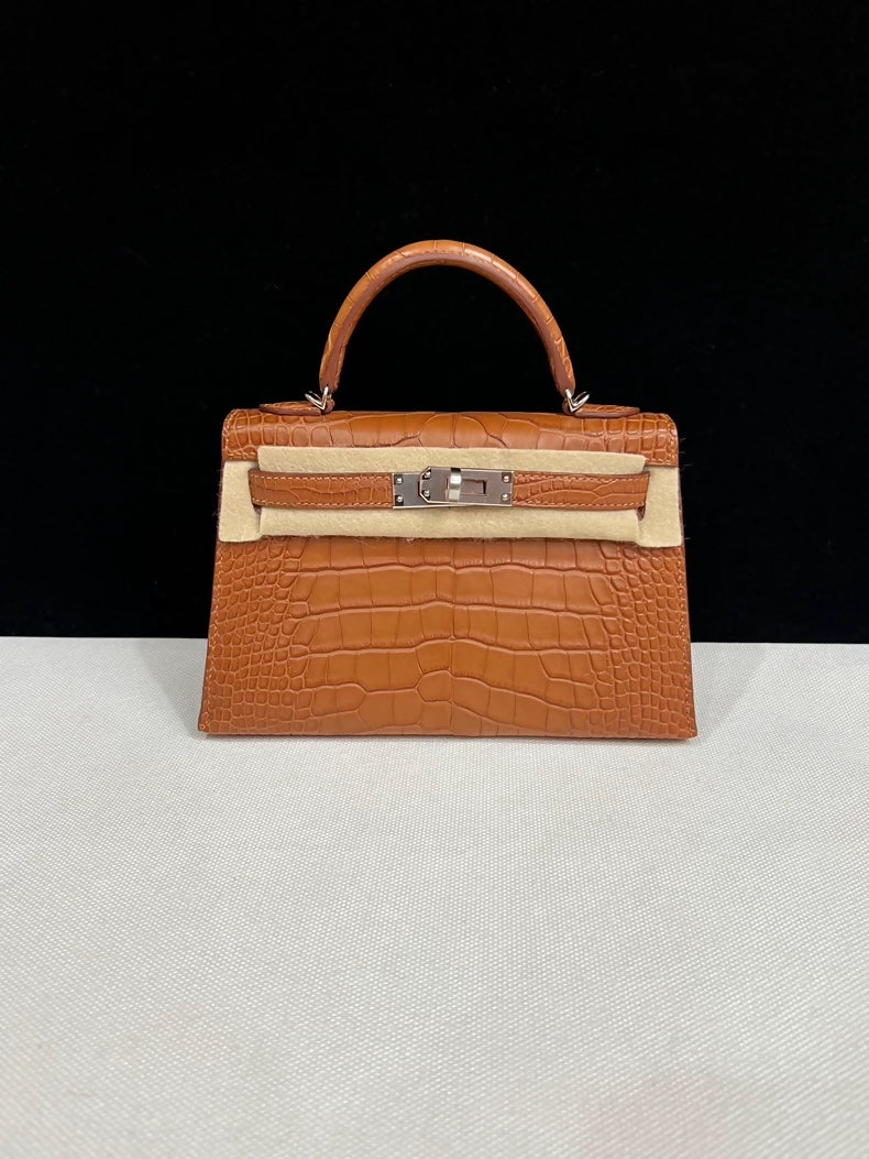 Hermes Mini Kelly 20 Gold Brown Matte Alligator Palladium Hardware
