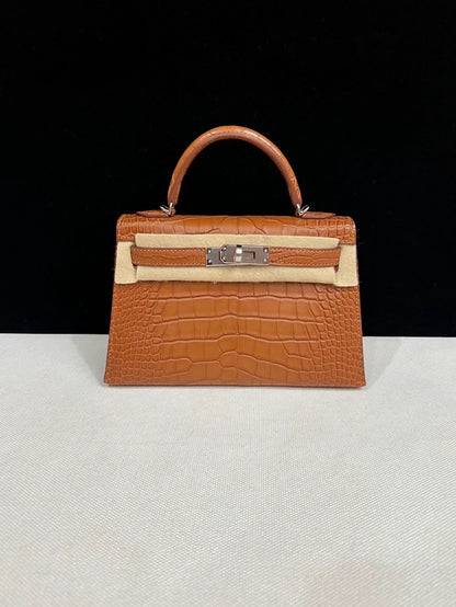 Hermes Mini Kelly 20 Gold Brown Matte Alligator Palladium Hardware