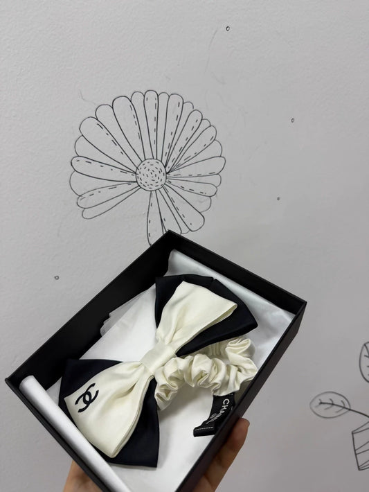 Chanel bow hair tie black and white