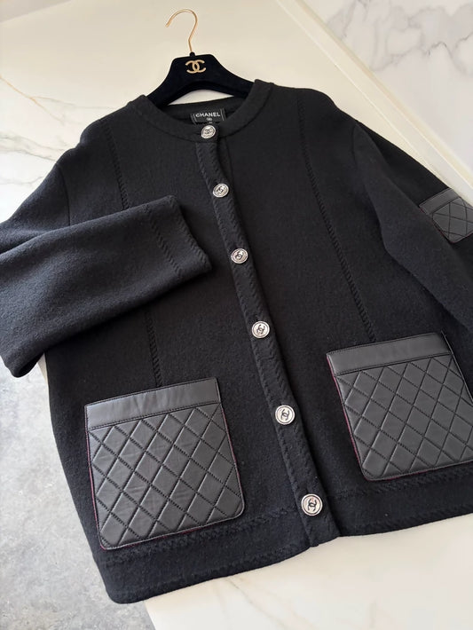 Chanel 24B Black Cashmere and Leather Pocket Cardigan