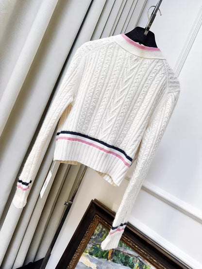 Chanel 23P ecru cardigan with pink trim