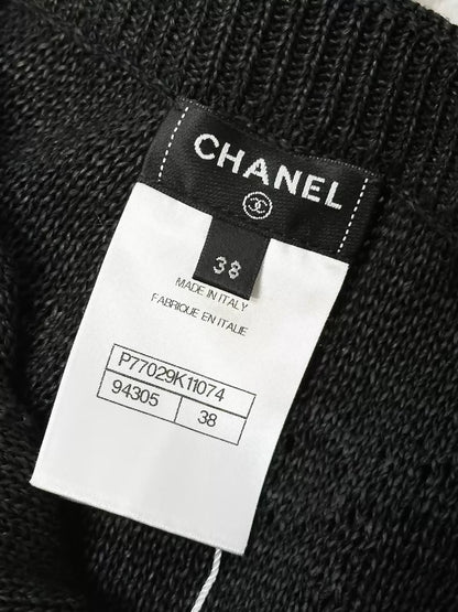 Chanel 23S black knit wide-leg pants with rhinestone buttons