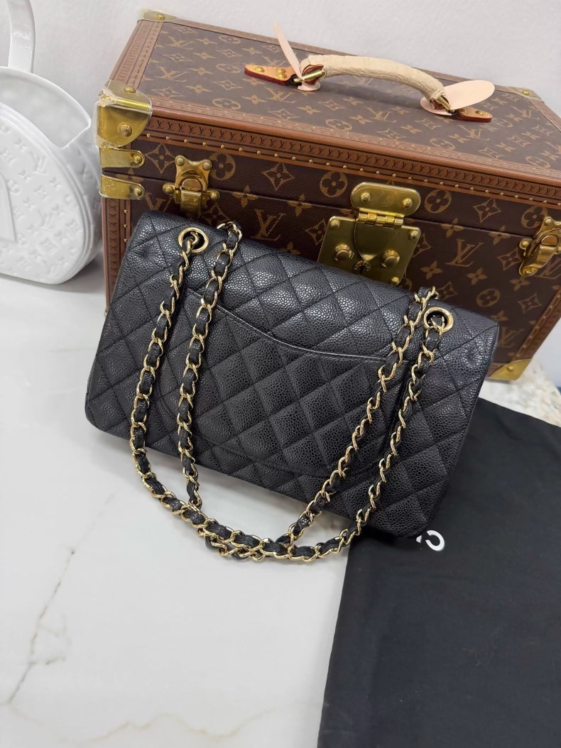 Chanel 2.55 CF Classic Black and Gold Flap Bag in calfskin leather