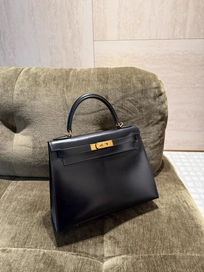 Hermes Kelly 28 Black Box Leather Gold Hardware