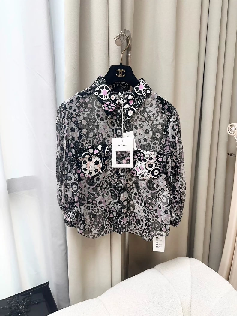 Chanel 24p Pink and Black Mulberry Silk Shirt