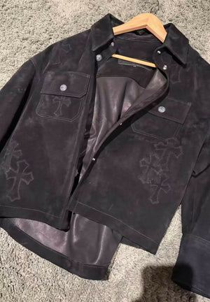 Chrome Hearts Cemetery Cross Patch Black Suede Work Shirt / Jacket (Size S) Sterling Silver Buttons