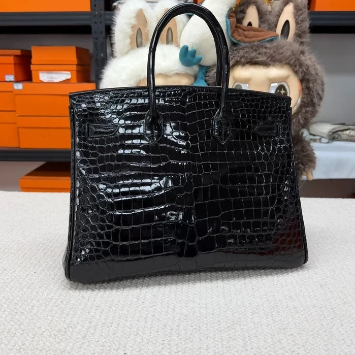 Hermes Birkin 35 black shiny crocodile leather gold hardware