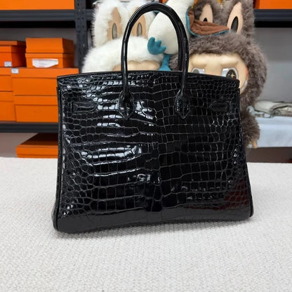 Hermes Birkin 35 black shiny crocodile leather gold hardware