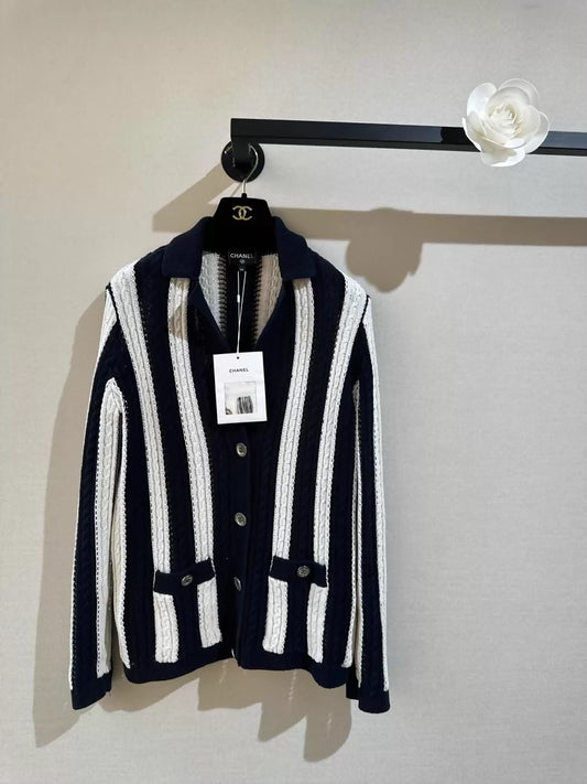 Chanel 23p blue and white striped knit cardigan