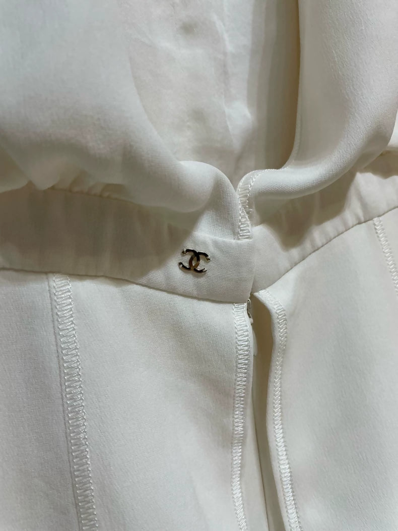 Chanel ecru white maxi dress with pearl buttons and a backless design,