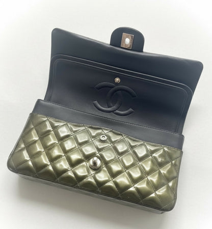 Chanel Medium Double Flap Green Straited Patent Leather Timeless Classic Bag SHW