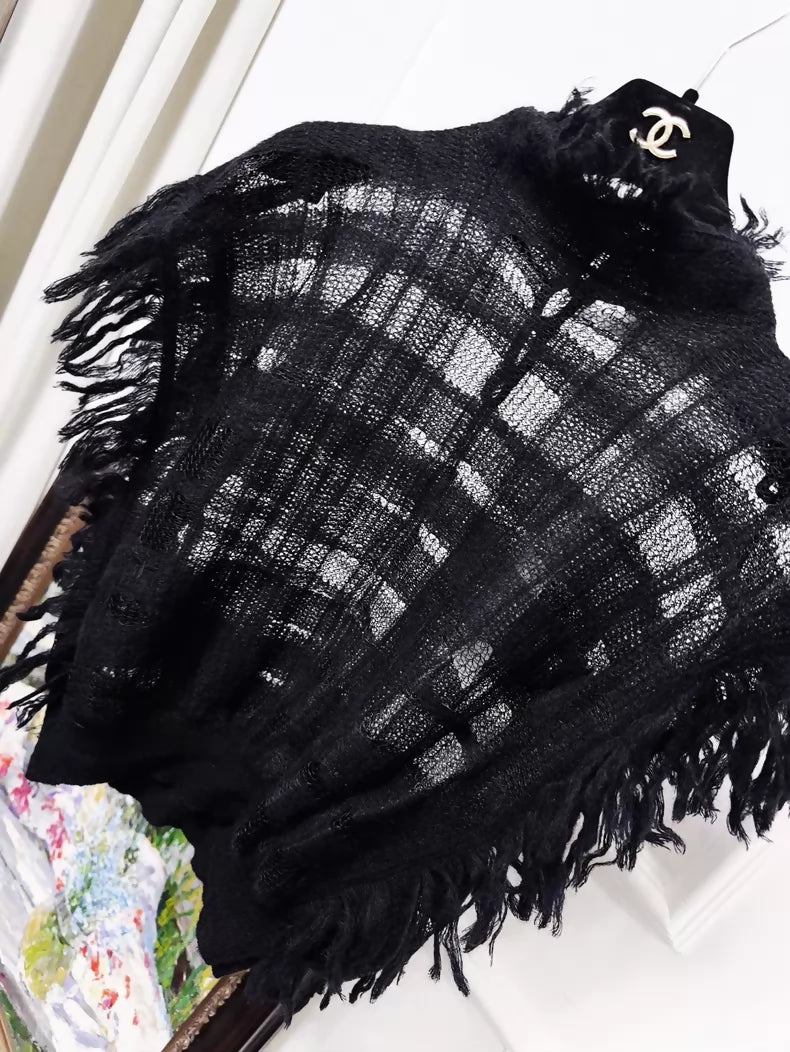 Dior black fringed plaid cape top