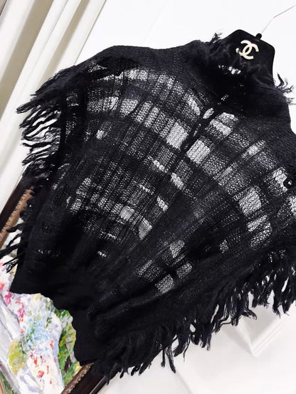 Dior black fringed plaid cape top