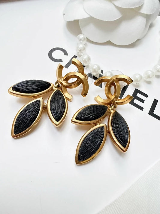 Chanel 20A Black and Gold Leaf Earrings with Double C Design