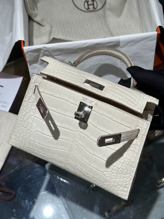 Hermes Mini Kelly 20 Nata Cream White Crocodile leather palladium hardware