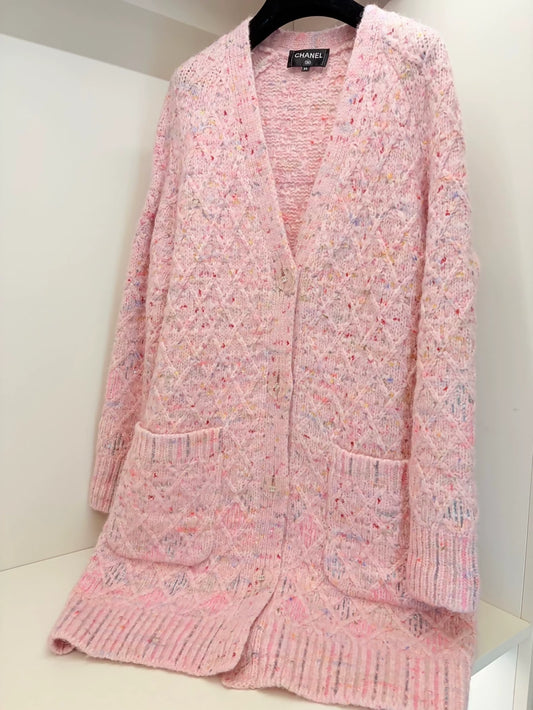 Chanel 17A pink cashmere tweed cardigan