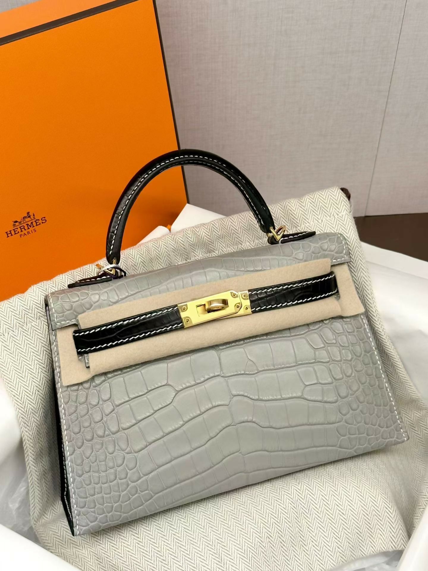 Hermès Special Order (SO) Mini Kelly 20 Gris Perle / Noir Matte Porosus Crocodile with Palladium Hardware