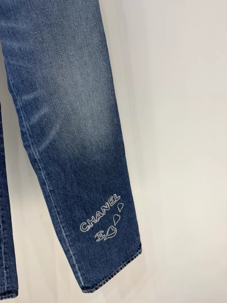 Chanel 24b heart embroidered graffiti blue straight leg jeans