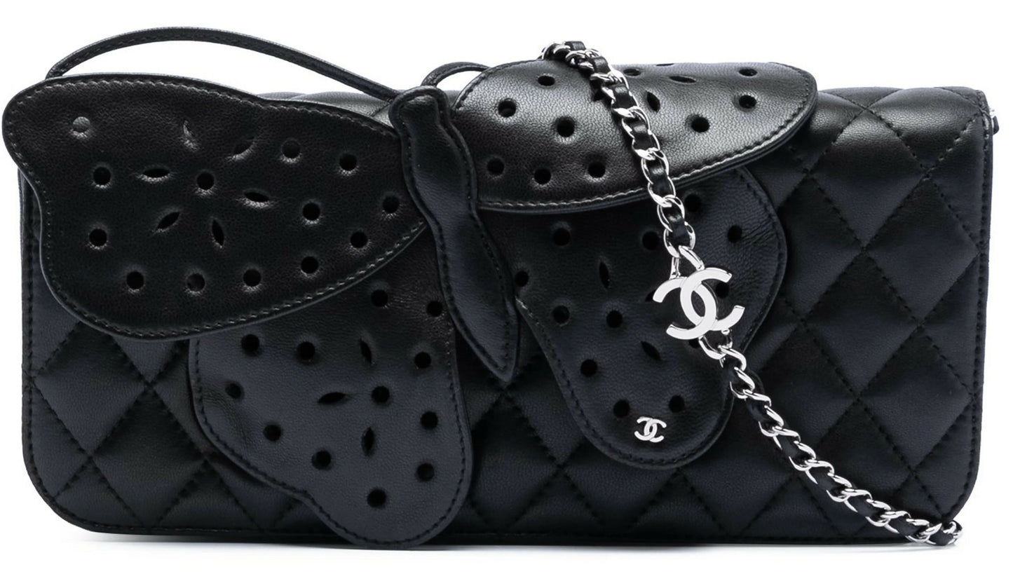 Rare Chanel 2011 Lambskin Black Butterfly Ornament Clutch Crossbody Flap Bag
