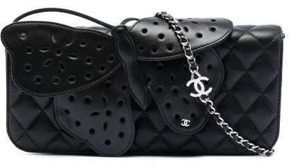 Rare Chanel 2011 Lambskin Black Butterfly Ornament Clutch Crossbody Flap Bag