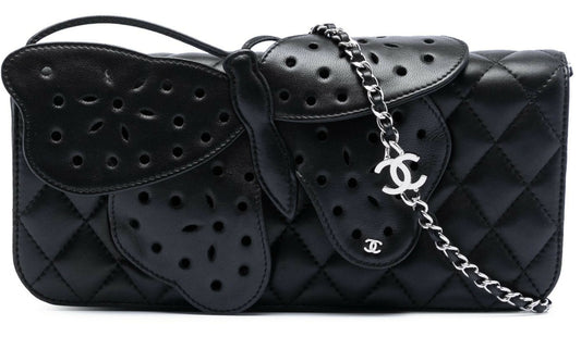 Rare Chanel 2011 Lambskin Black Butterfly Ornament Clutch Crossbody Flap Bag