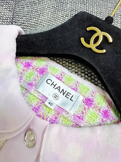 Chanel 25S pink and green plaid silk tweed jacket