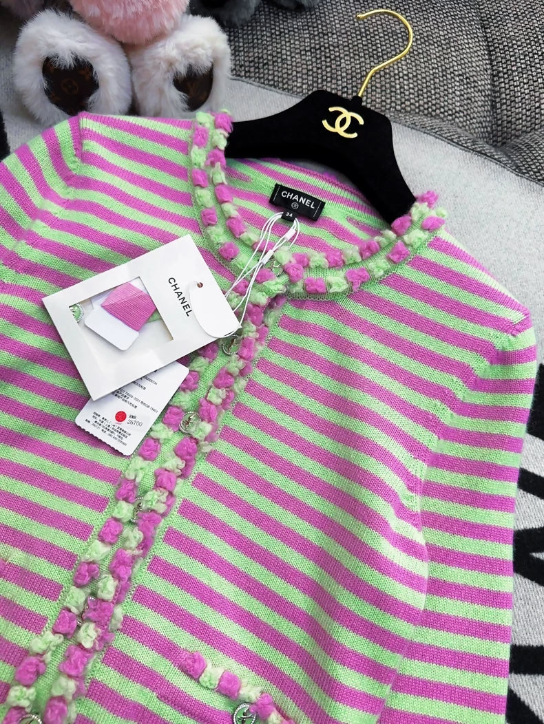 Chanel 25s pink and green striped cardigan